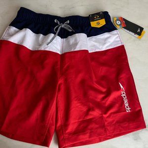 NWT Speedo Swim Trunks stretch, water repellant, UPF, red white blue, 4th july S